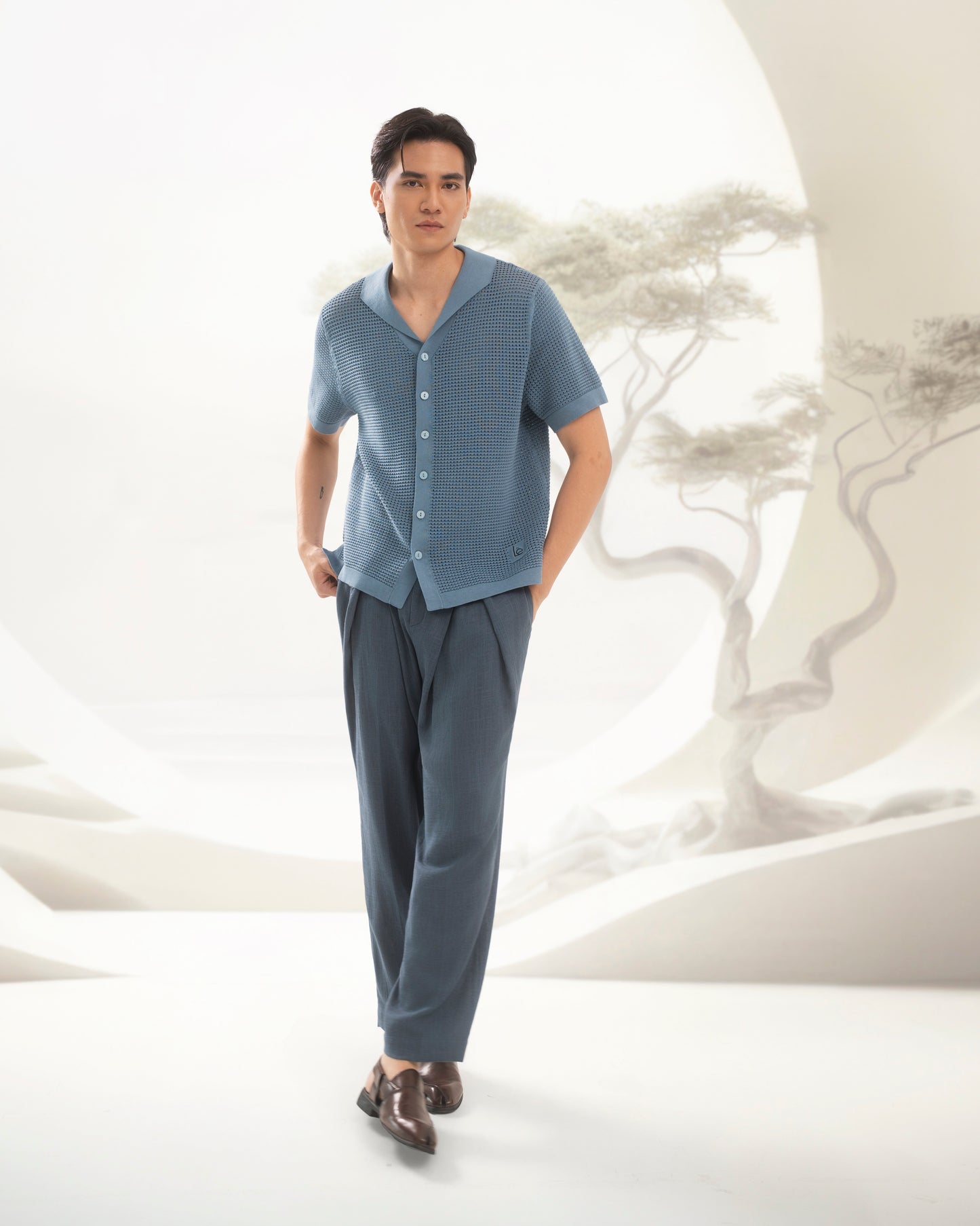 Xīng Lóng knitted button down shirt Blue