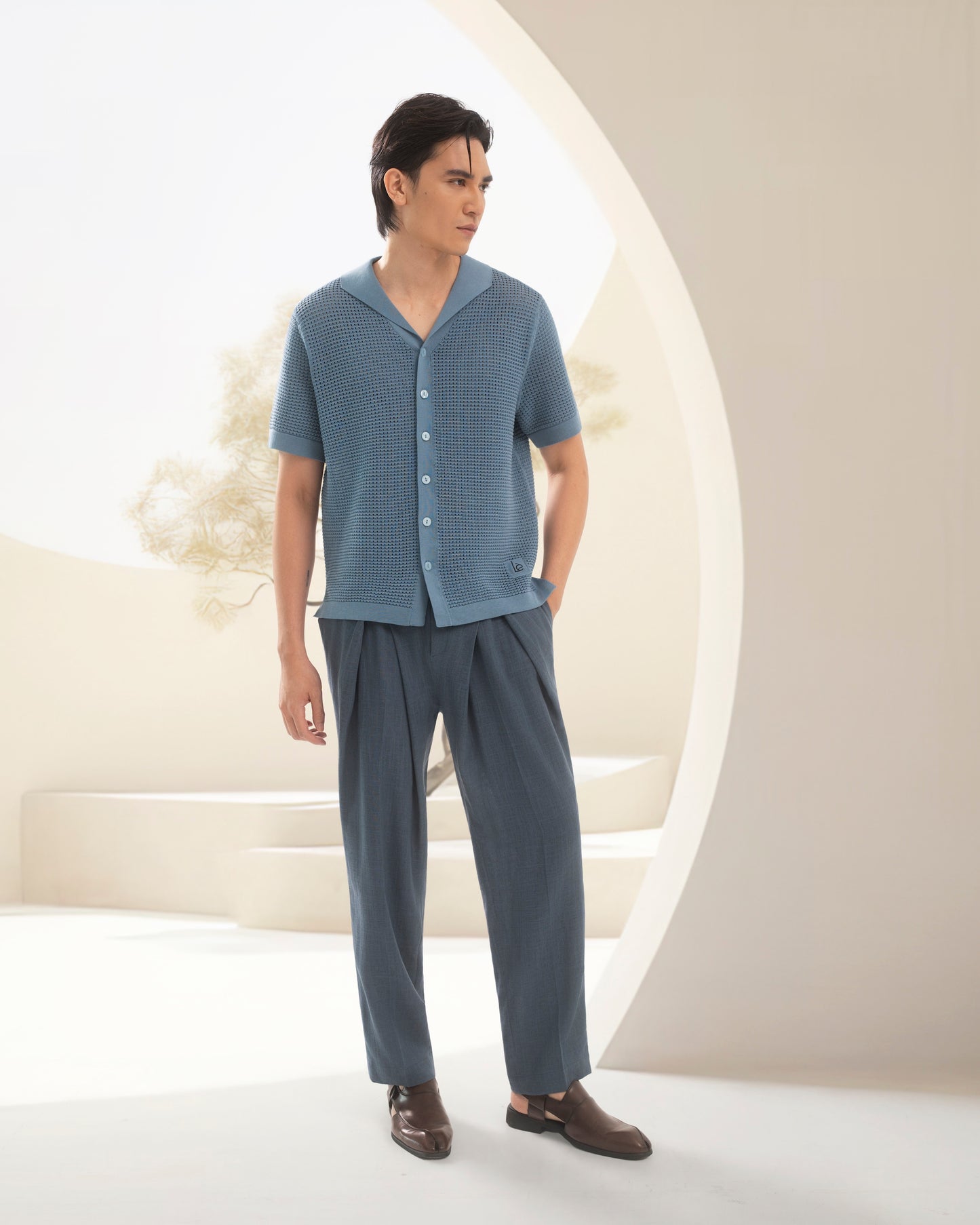 Xīng Lóng knitted button down shirt Blue