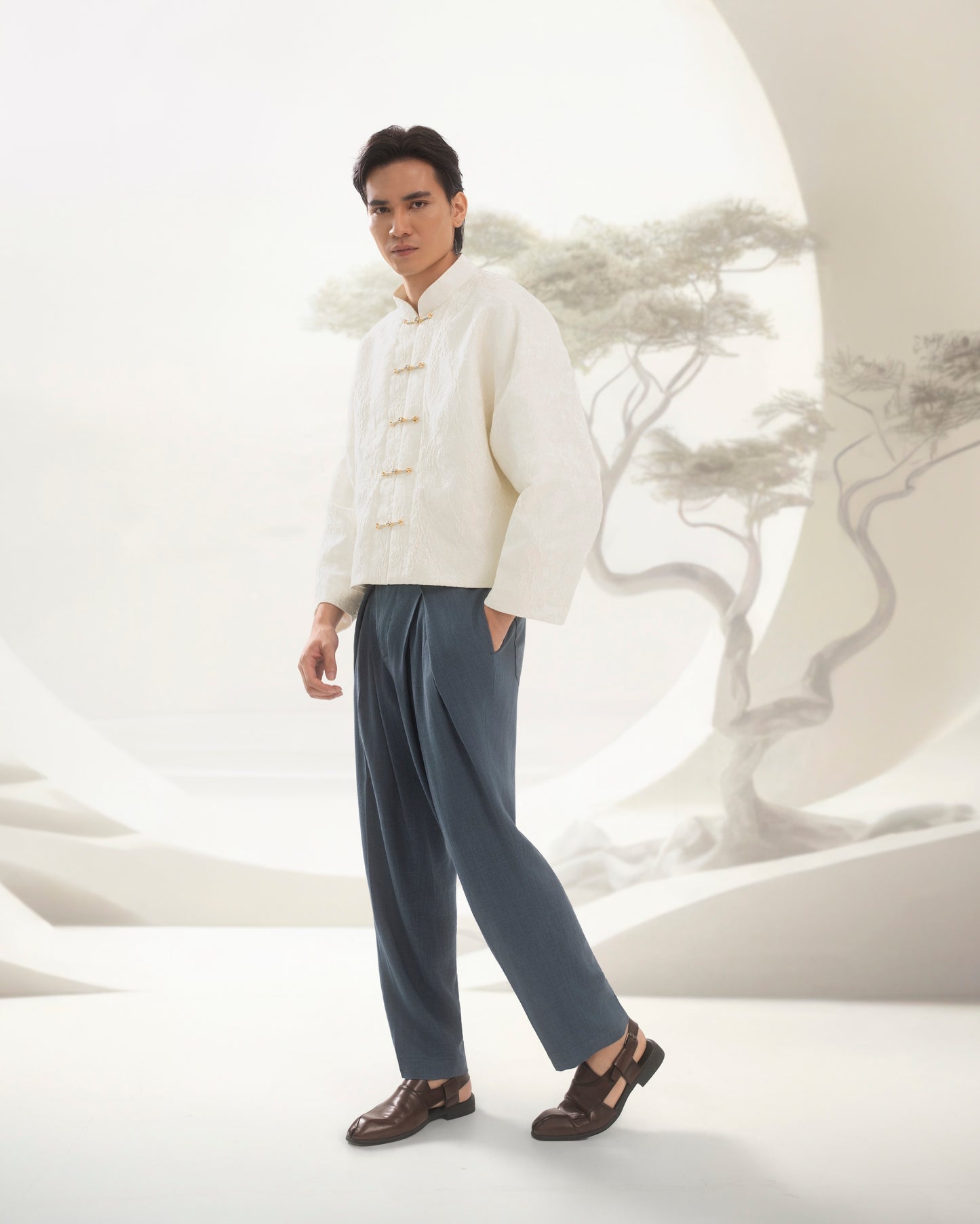 Qīng Xīn unisex jacquard button down jacket white