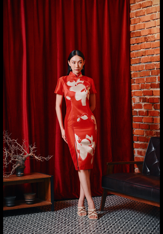 Xiāng classic bonded Qipao Lè floral print shantung