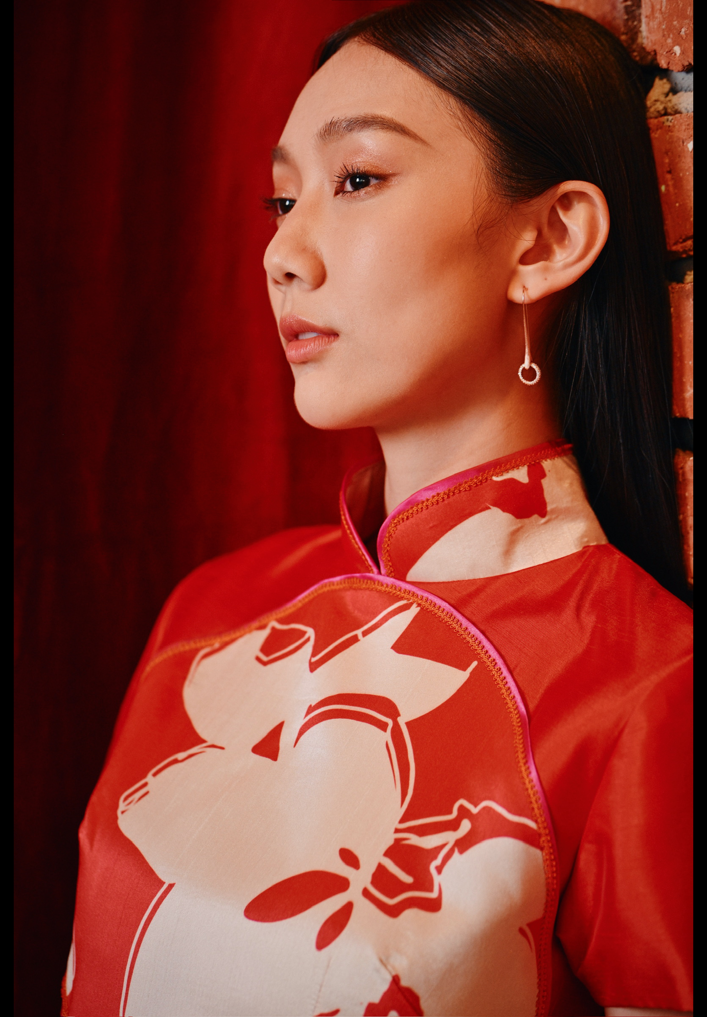 Xiāng classic bonded Qipao Lè floral print shantung
