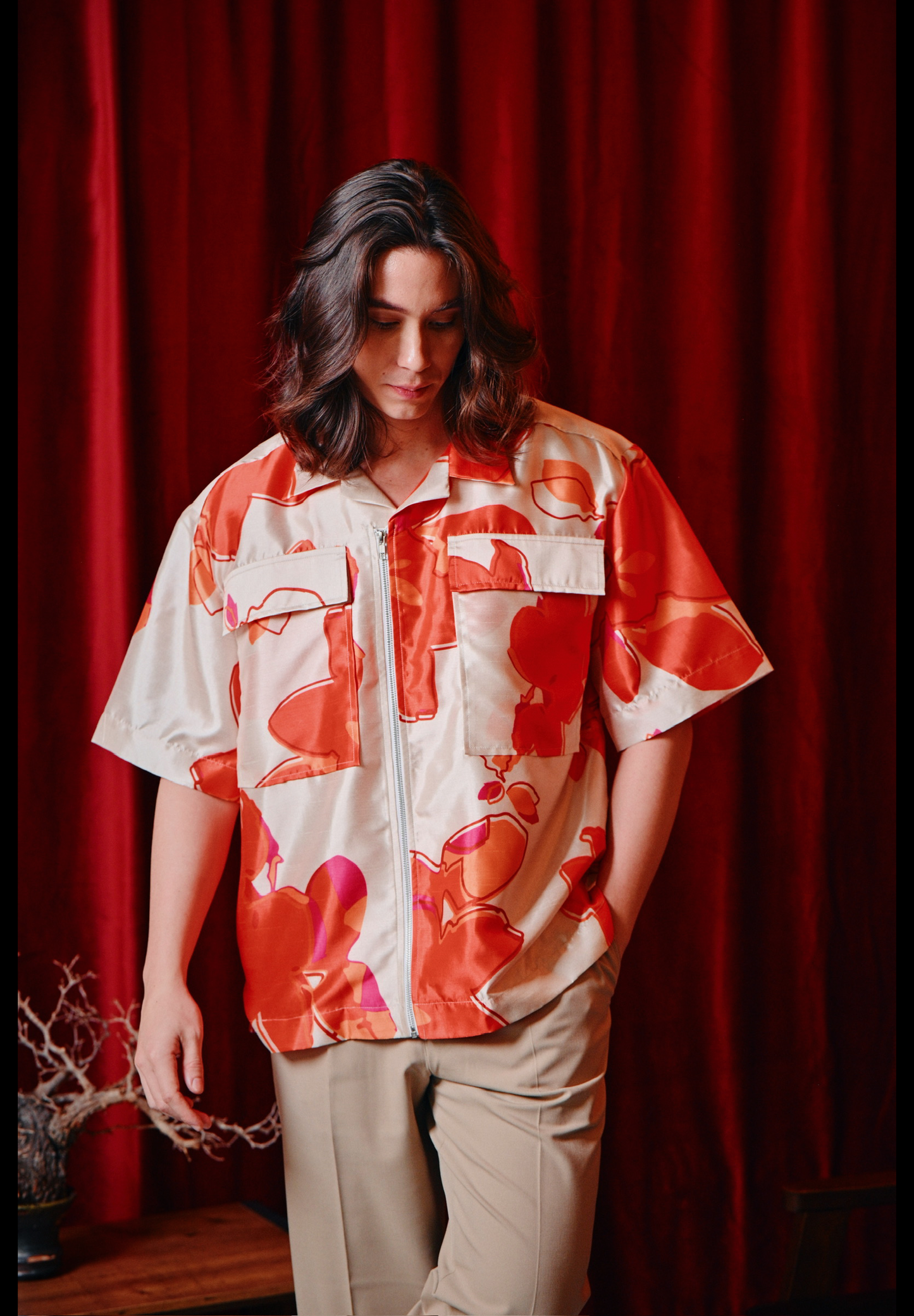 Fù floral print zip front shirt