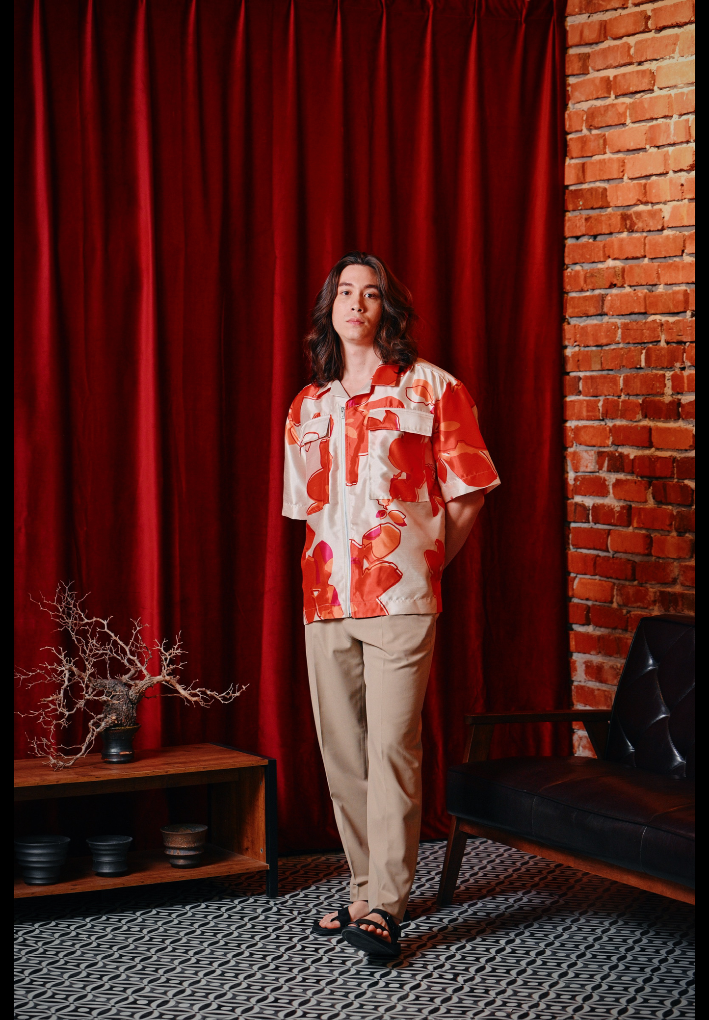 Fù floral print zip front shirt