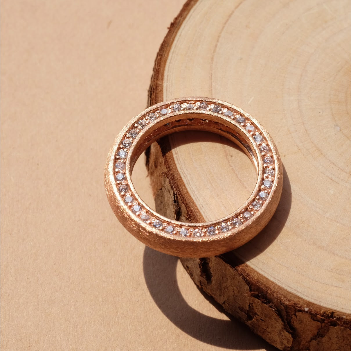 Sand blast finish simple ring with pavé crystals R001
